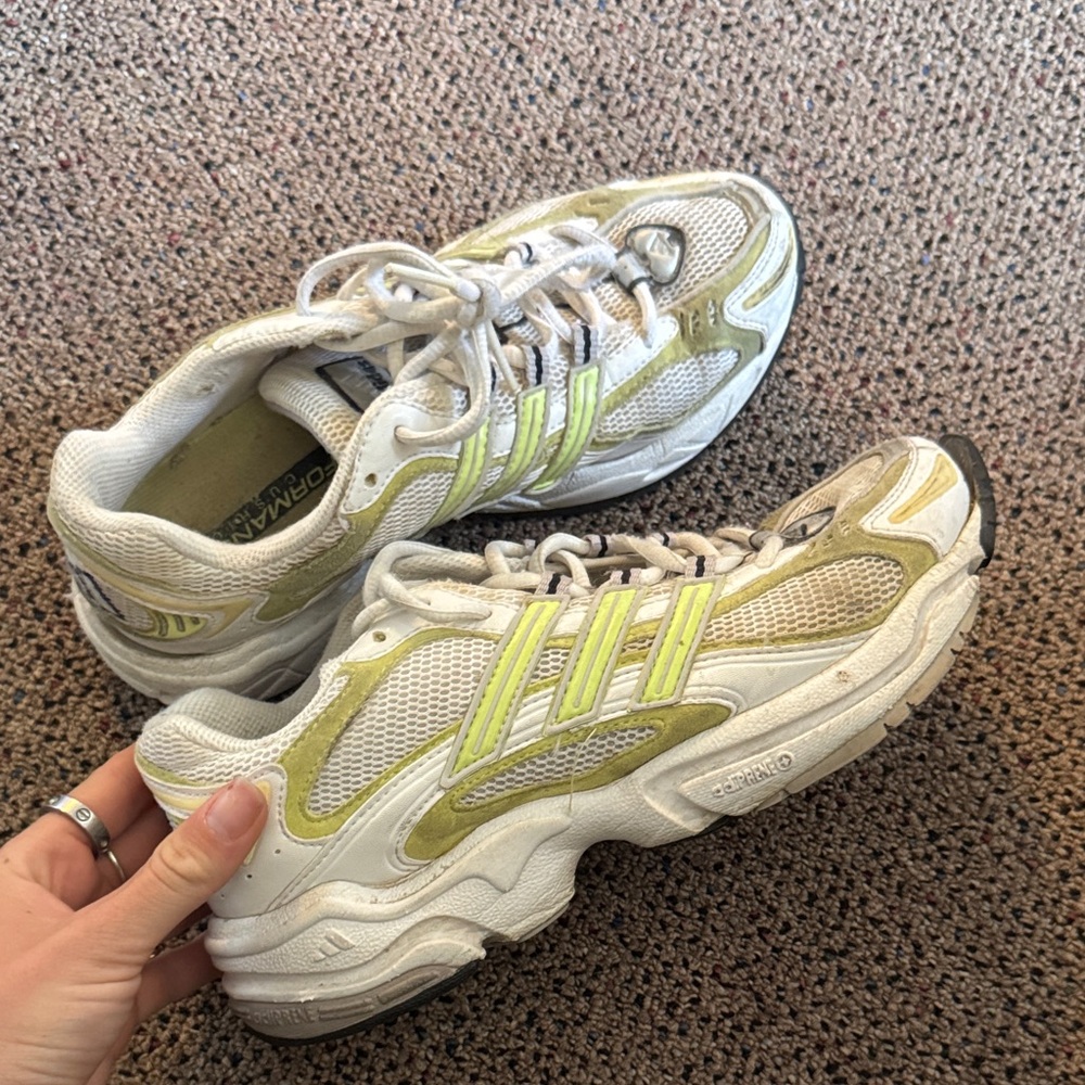 adidas White and Lime Green Retro Runner Sneakers